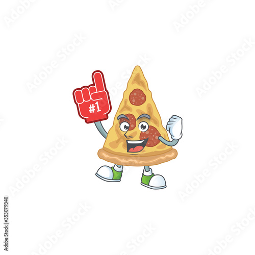 Slice of pizza Cartoon character design style with a red foam finger