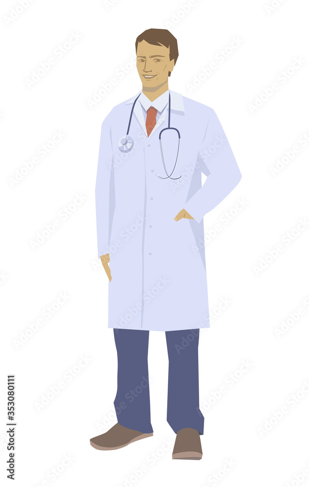Male doctor in a white coat. Vector illustration in cartoon style. Isolated on a white background. Male doctor in a white coat. Vector illustration in cartoon style. Isolated on a white background.