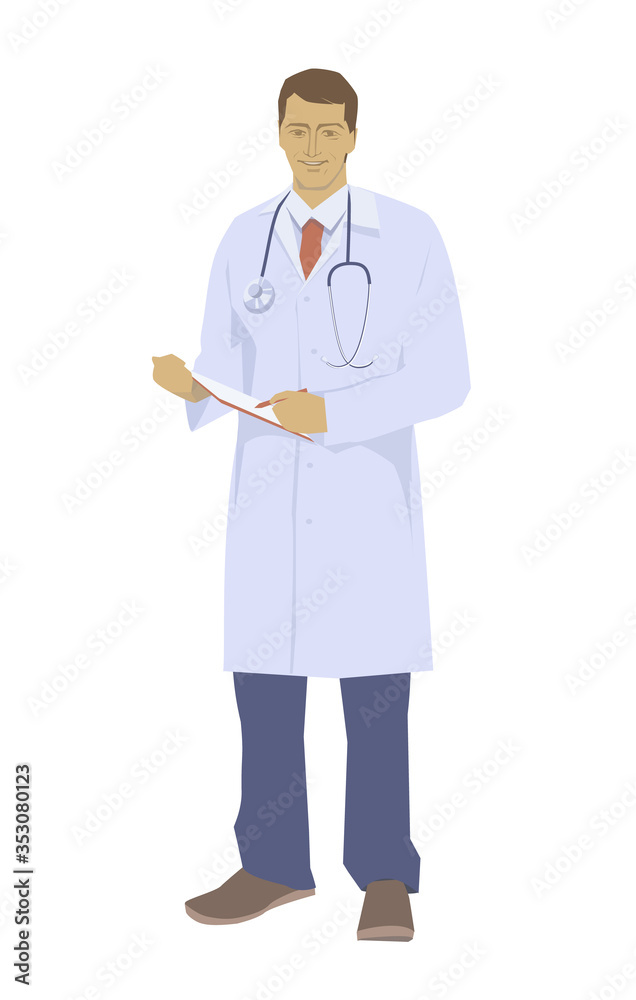Male doctor with a clipboard. Vector illustration in cartoon style. Isolated on a white background. Male doctor with a clipboard. Vector illustration in cartoon style. Isolated on a white background.