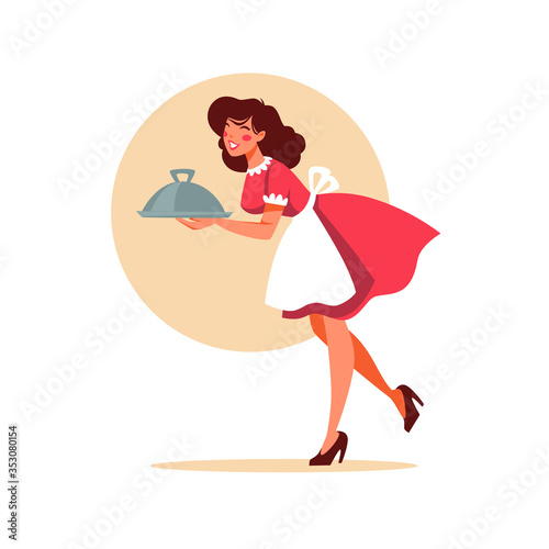 retro waitress holding a plate plate, illustration in cartoon style for your logo, label, emblem.
