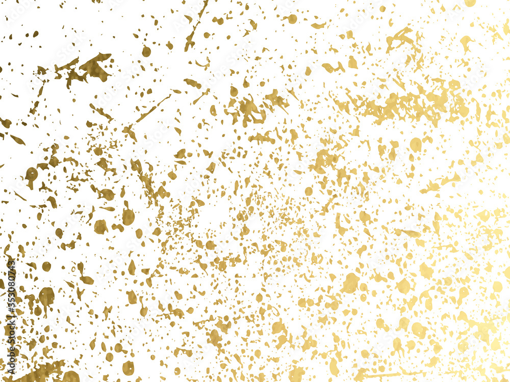 Gold round splash dots or glittering spangles background. Hand drawn spray texture. Golden blots, sparks, sparkles or glitter on white background template. Vector