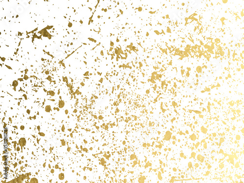 Gold round splash dots or glittering spangles background. Hand drawn spray texture. Golden blots, sparks, sparkles or glitter on white background template. Vector