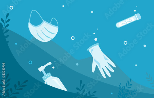 Mask, sanitizer, test tube and glove in ocean, sea. Underwater debris after pandemic covid19. Consequence of overconsumption. Problem of water pollution. Vector flat illustration. Ecological banner