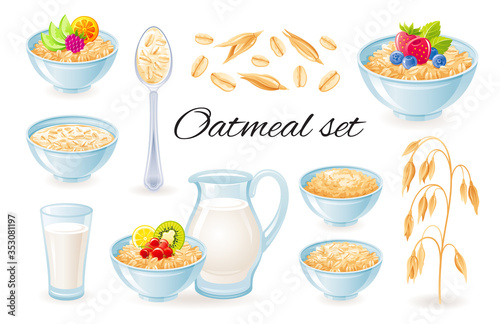 Oatmeal icons. Vector Oat meal in bowl with fruit berry. Milk jug, cup with porridge granola set. Healthy food for breakfast. Cartoon illustration of cereal muesli flakes isolated on white