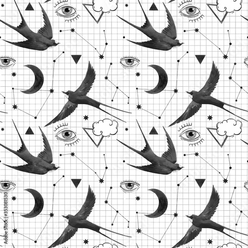 Beautiful vector seamless pattern with watercolor birds, moons and eyes. Stock illustration.