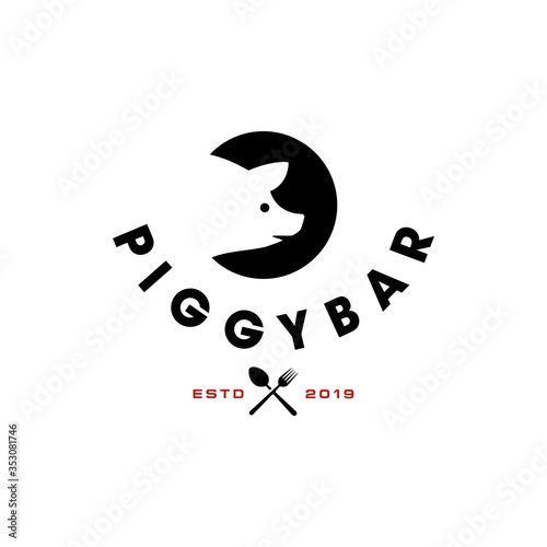 Vintage hipster Grill Barbeque ham pig pork icon invitation party barbecue bbq with crossed fork spatula and fire flame Logo design