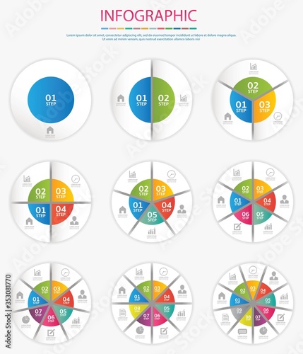 Vector infographic circle set. Business concept with 2,3,4,5,6,7,8,9 options, steps or processes .