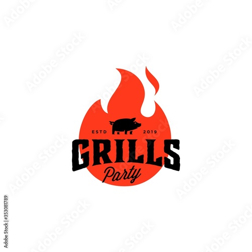 Grill Barbeque invitation party barbecue bbq with pig pork on fire flame Logo design vintage hispter