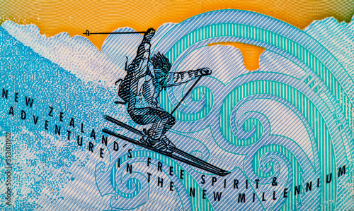 the recreational pursuits of skiing, Portrait from New Zealand 10 Dollar 2000 Polymer Banknotes. An Old  Polymer banknote, vintage retro. Famous ancient Banknotes. Collection.. photo