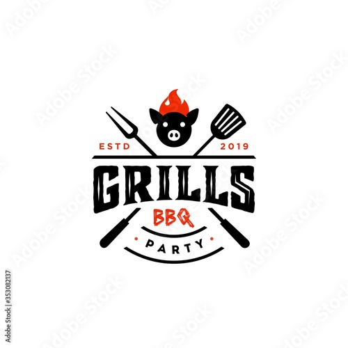 Vintage hipster Grill Barbeque ham pig pork icon invitation party barbecue bbq with crossed fork spatula and fire flame Logo design