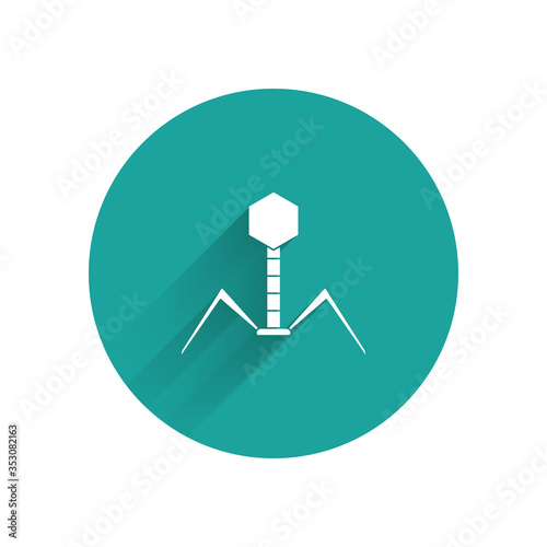 White Bacteria bacteriophage icon isolated with long shadow. Bacterial infection sign. Microscopic germ cause diseases concept. Green circle button. Vector Illustration