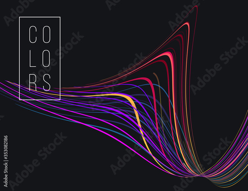 Abstract poster with equilizer lines in movement, bright neon curve, sound background photo