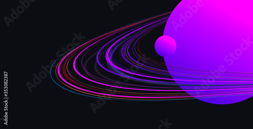 Abstract wallpaper with stylized illustration of planet with rings like saturn in dark space neon violet gradient colors