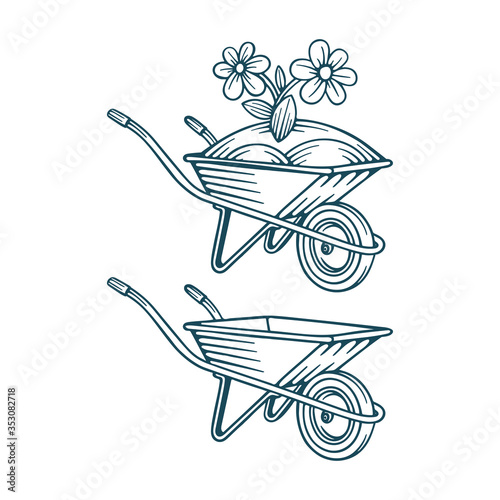 Wheelbarrow with flower. Pushcart and flower hand drawn vector illustrations set. Wheelbarrow full of compost and earth. Part of set.
