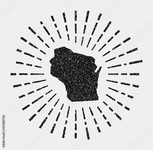Vintage map of Wisconsin. Grunge sunburst around the us state. Black Wisconsin shape with sun rays on white background. Vector illustration. photo