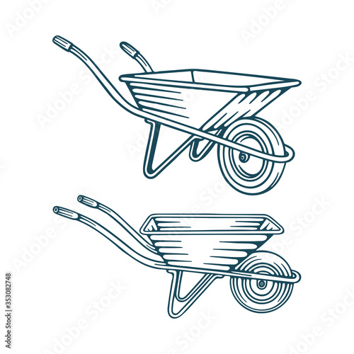 Wheelbarrow.  Wheelbarrow hand drawn vector illustrations set. Trolley sketch drawing graphic. 