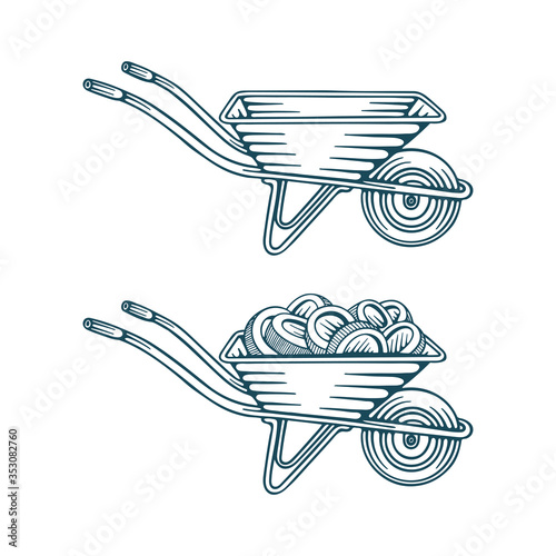 Wheelbarrow.  Wheelbarrow with coins, hand drawn vector illustrations set. Trolleys sketch drawing. Part of set. 
