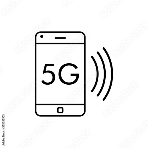 Símbolo conexión inalámbrica. Icono plano lineal con texto 5G en teléfono inteligente en color negro