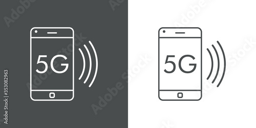 Símbolo conexión inalámbrica. Icono plano lineal con texto 5G en teléfono inteligente en fondo gris y fondo blanco