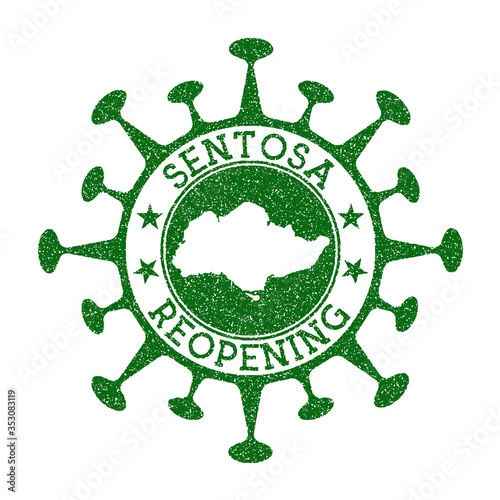 Sentosa Reopening Stamp. Green round badge of island with map of Sentosa. Island opening after lockdown. Vector illustration.