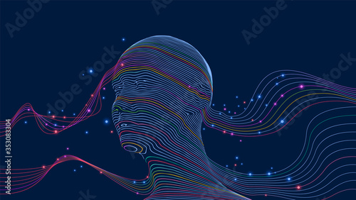 Digital head. Concept of virtual reality. Face made from flowing lines. Eps10 vector.