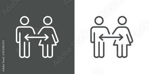 Símbolo distancia de seguridad. Icono plano lineal hombre y mujer con flechas en fondo gris y fondo blanco