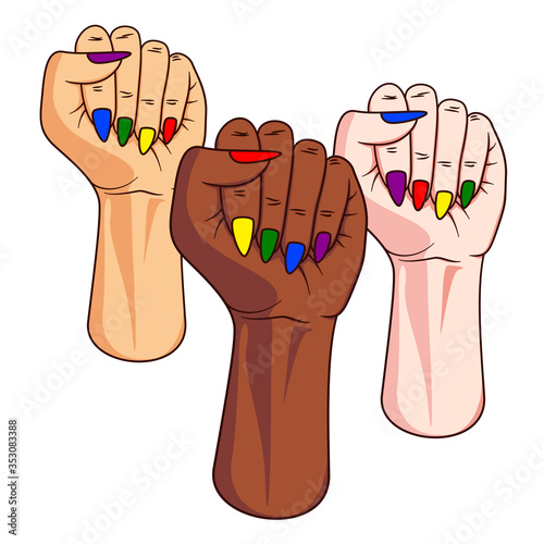 Freedom for lgbt. Pride fist. Three female fists raised as a sign of protest. Different ethnics. Asian, Afro American or African and European with colored nails with rainbow colors. Isolated on white