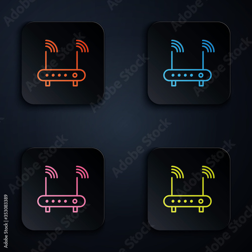 Color neon line Router and wi-fi signal symbol icon isolated on black background. Wireless ethernet modem router. Computer technology internet. Set icons in square buttons. Vector Illustration