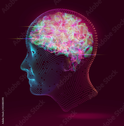 Artificial intelligence concept. Digitized human head with  light emitting brain. 3d render / rendering