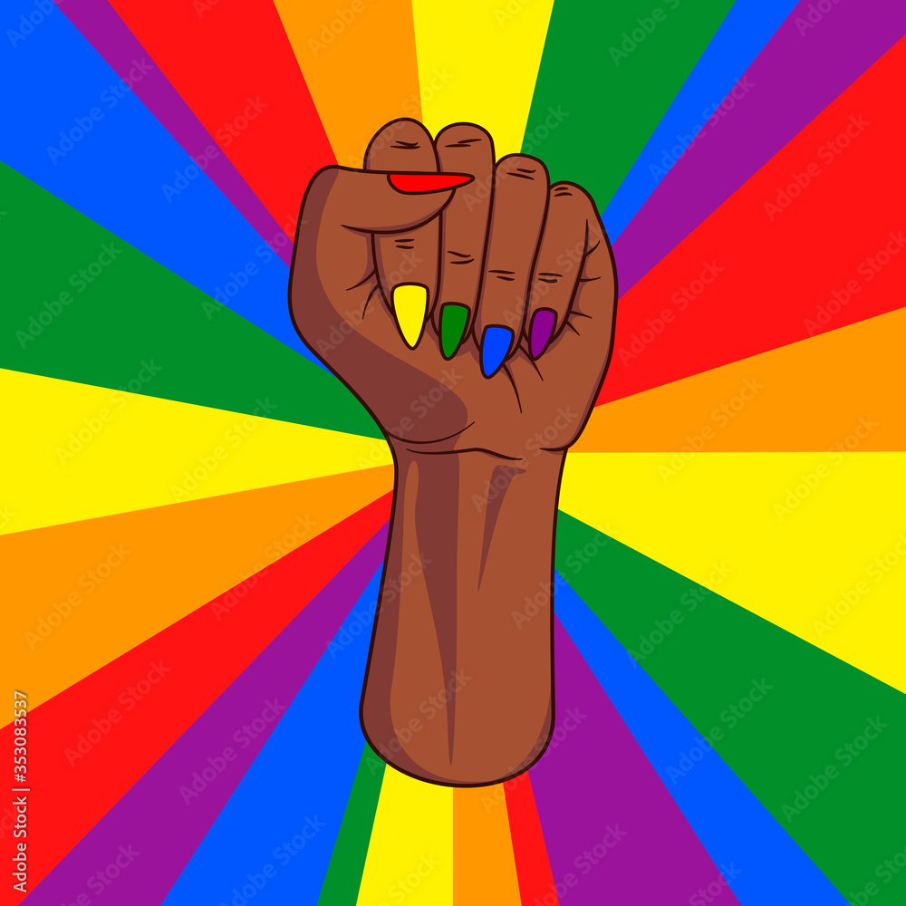 Black skinned female pride fist with lgbt rainbow colored finger nails and rainbow rays in background