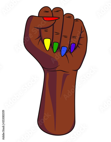Afro american or african pride fist. Female arm raised with rainbow colored finger nails. Isolated on white background. Unity and equality for people of all races, cultures and sexuality. Symbol icon