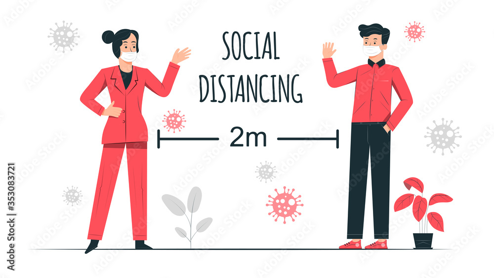 Social distancing example for greeting to avoid spreading corona virus. Flat design vector