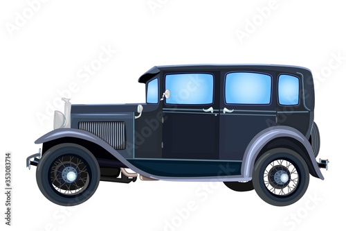 Vintage car isolated on white background. Old retro classic black car sedan. Transport or vehicle icon. For automotive posters, banners, museum, brand, auto show and exhibition. Vector illustration