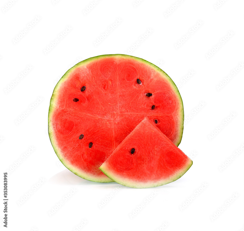 A half and slice pices of fresh watermelon isolated on white background.fruit for health and beta carotene. A half and slice pices of fresh watermelon isolated on white background.fruit for health and beta carotene.