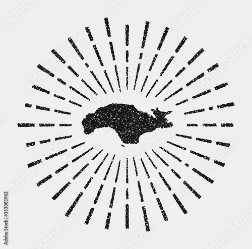 Vintage map of Samos. Grunge sunburst around the island. Black Samos shape with sun rays on white background. Vector illustration.