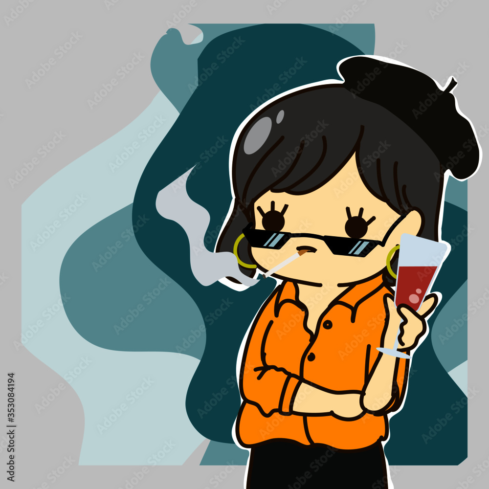 Fototapeta premium Female artist The left hand holds a red wine and is smoking. Wearing black glasses. vector illustration