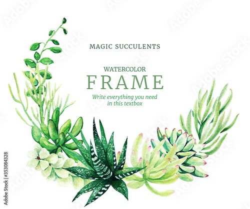 Watercolor wreath frame composed of bright full color succulent