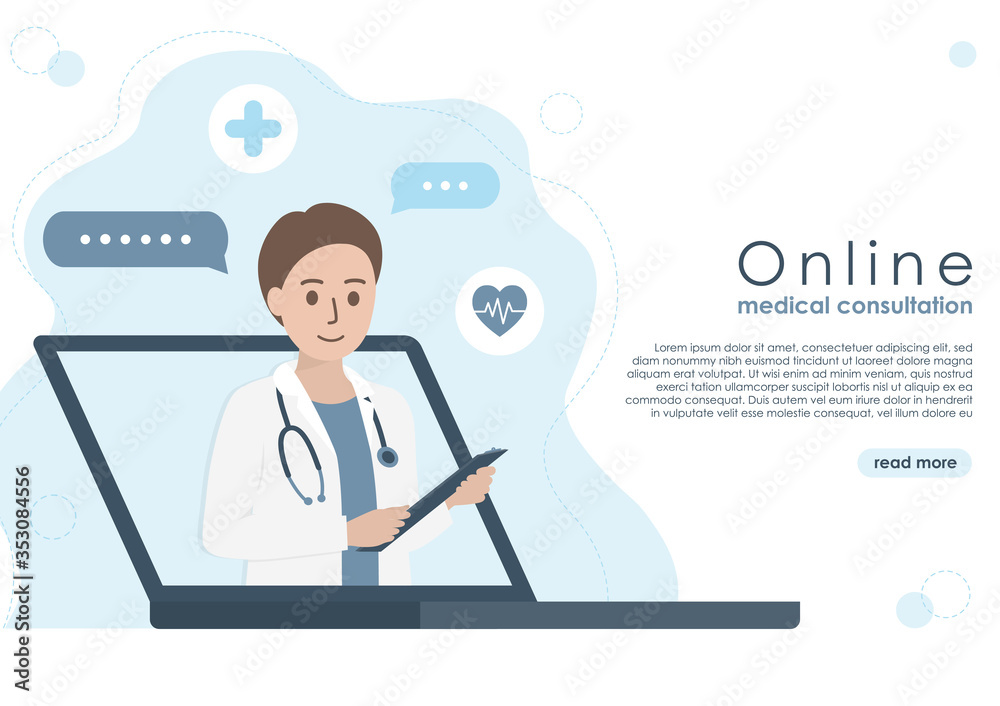 Laptop screen of male doctor with stethoscope, patient medical records and health icons. Online doctor, medical consultation and healthcare concept. Flat vector illustration. Copy space for text. Laptop screen of male doctor with stethoscope, patient medical records and health icons. Online doctor, medical consultation and healthcare concept. Flat vector illustration. Copy space for text.