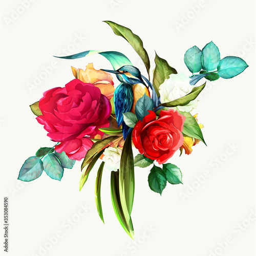 Quadro su tela Bouquet of wild flowers with leaves and halcyon bird on it