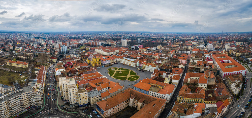 Wide panorama of Timisoara city, Romania. City center, downtown of Timisoara
