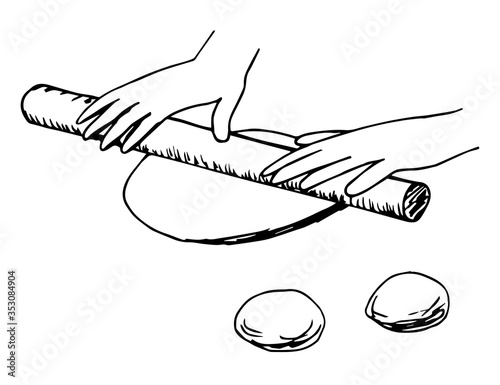 Simple vector freehand drawing in black outline. Hands roll out the dough with a rolling pin, the process of preparing flour products. Profession, work.