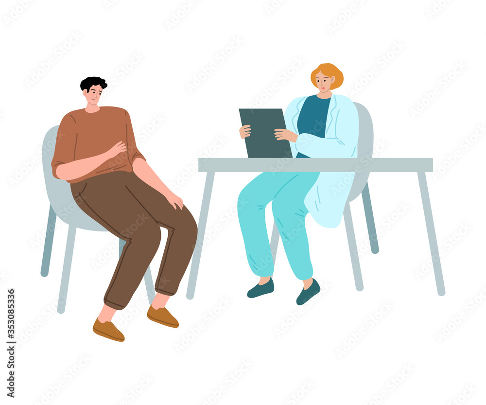 Young man sitting at doctors visit in clinic vector illustration