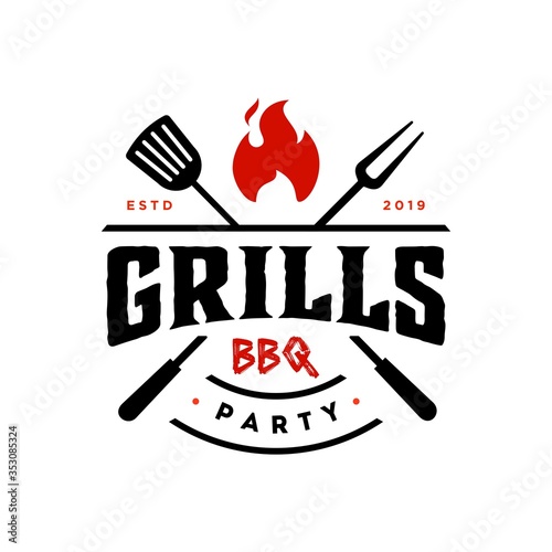 Vintage hipster Grill Barbeque invitation party barbecue bbq with crossed fork spatula and fire flame Logo design