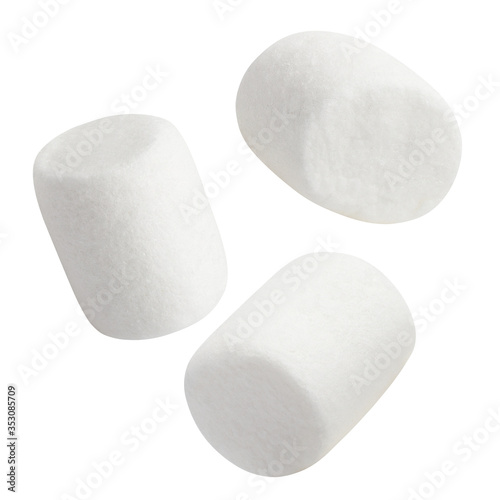 Flying marshmallows, isolated on white background