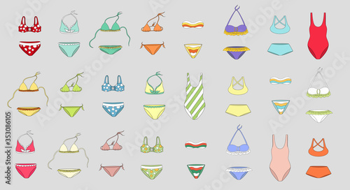 Swimsuit set. Summer swimming suits collection. Many types swimsuits. Swimwear hand drawn sketch.  Isolated bikini icons. Colorful summer pack. Female  swimwear, summer beach clothing underwear.
