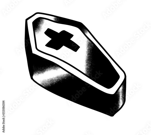 Coffin with a cross vintage tattoo. Doodle cartoon style. Black and white design.