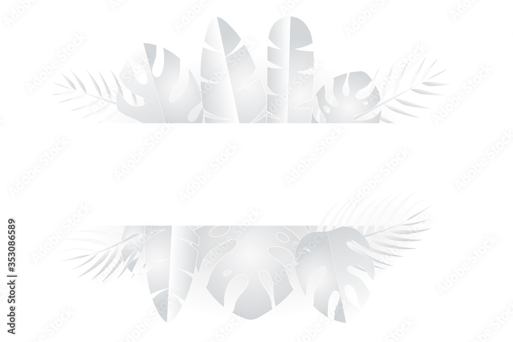 Tropical leaves with frame in white and gray shades, summer background, simplicity conceptual, vector image