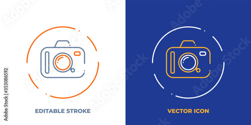 Camera line art vector icon with editable stroke. Outline symbol of Photo equipment. Photographer pictogram made of thin stroke. Isolated on background.