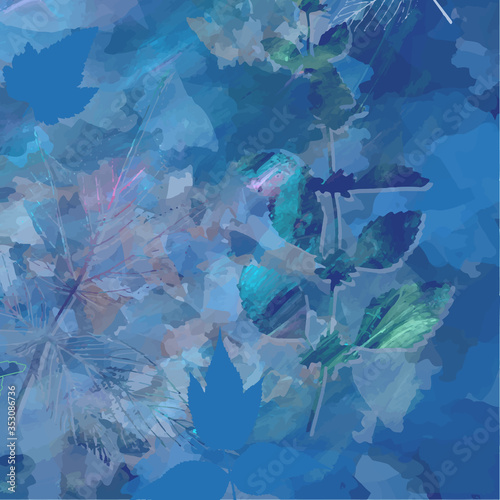 Creative artistic floral background with wild plants, leaves,  and hand paint...