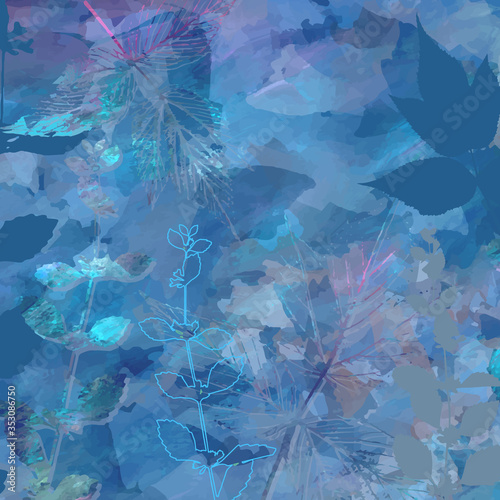 Creative artistic floral background with wild plants, leaves,  and hand paint...